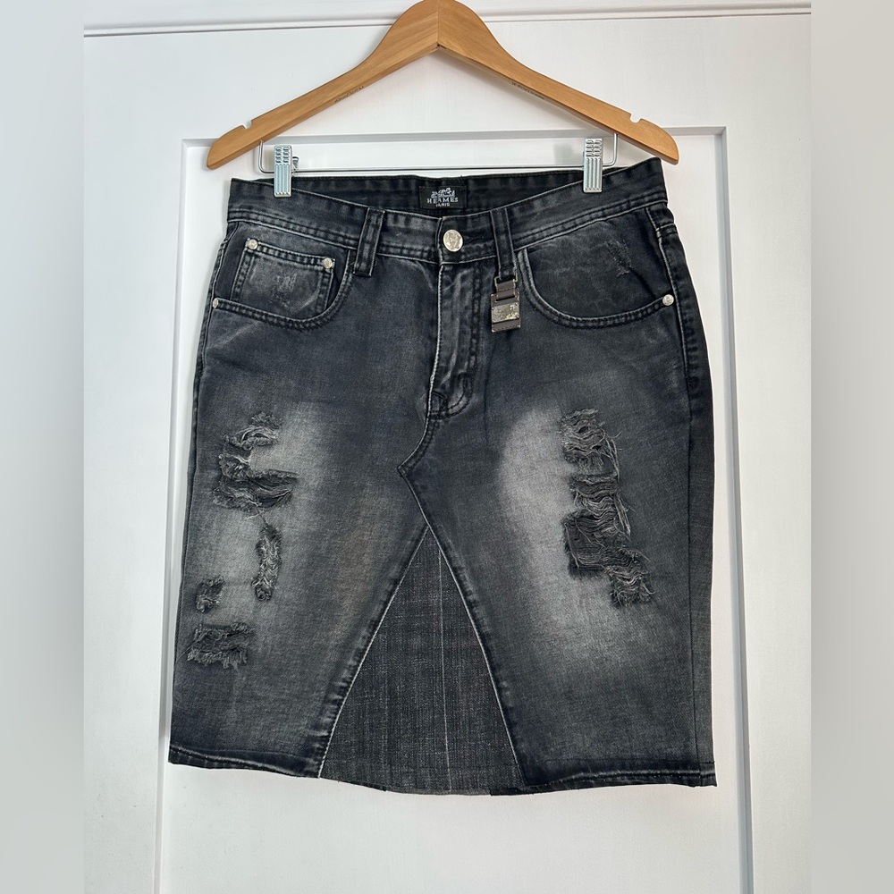 Hermes Authentic Black Distressed Denim Skirt